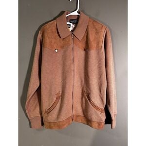 Vtg Challenger Full Zip Knit Brown Sweater Jacket Cardigan Suede Mens Sz Med NWT
